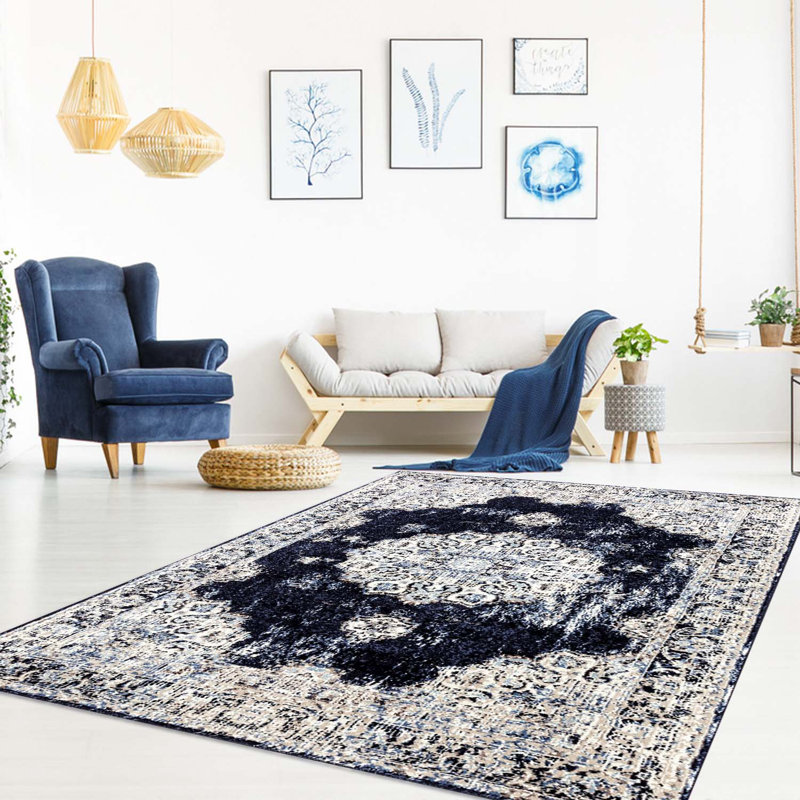 Tapis oriental bleu marine / ivoire, Rectangulaire 3 pi 11 po x 5 pi 3 po