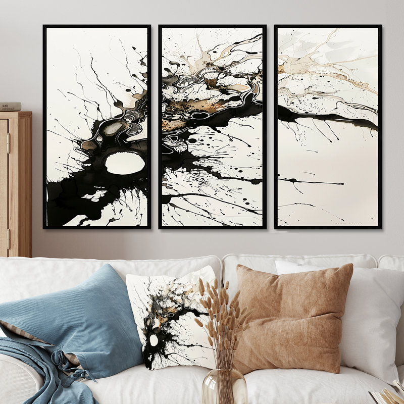 Pensées fluides - ensemble d'impressions murales abstraites à encre liquide, Cadre flottant noir, H 40 po x l 60 po x P 1 po