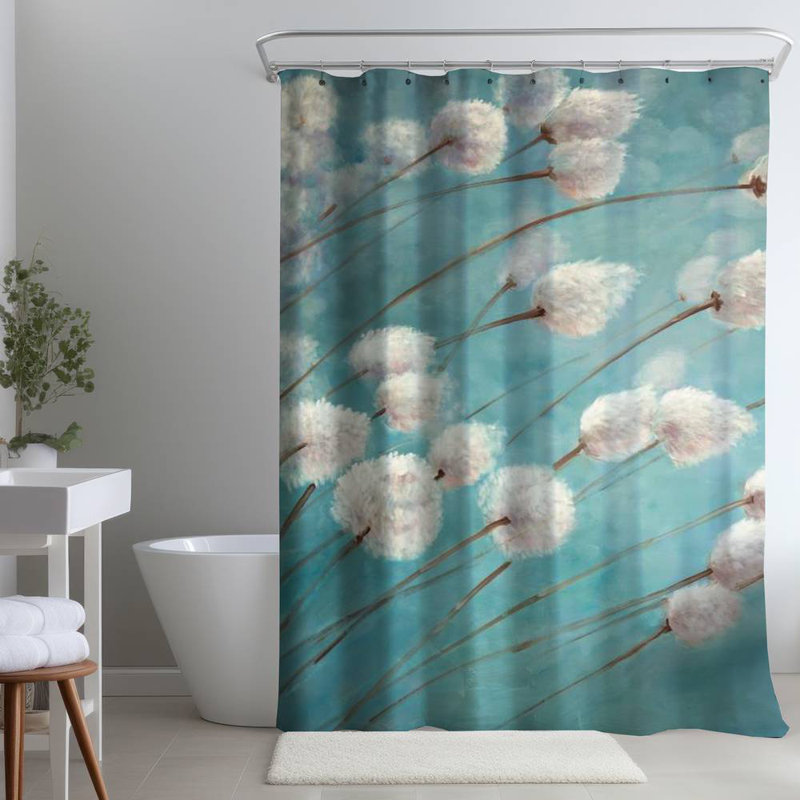 Cotton Grass Botanical Blue – Polyester Shower Curtain, Dye Sublimation Print, 71" W × 74" L, Blue/White/Gray Floral 28
