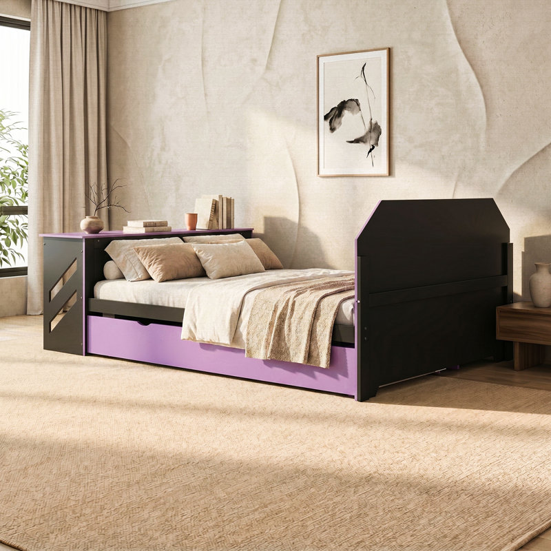 Lit de jour double avec couchette simple, bureau et port USB, Black Purple