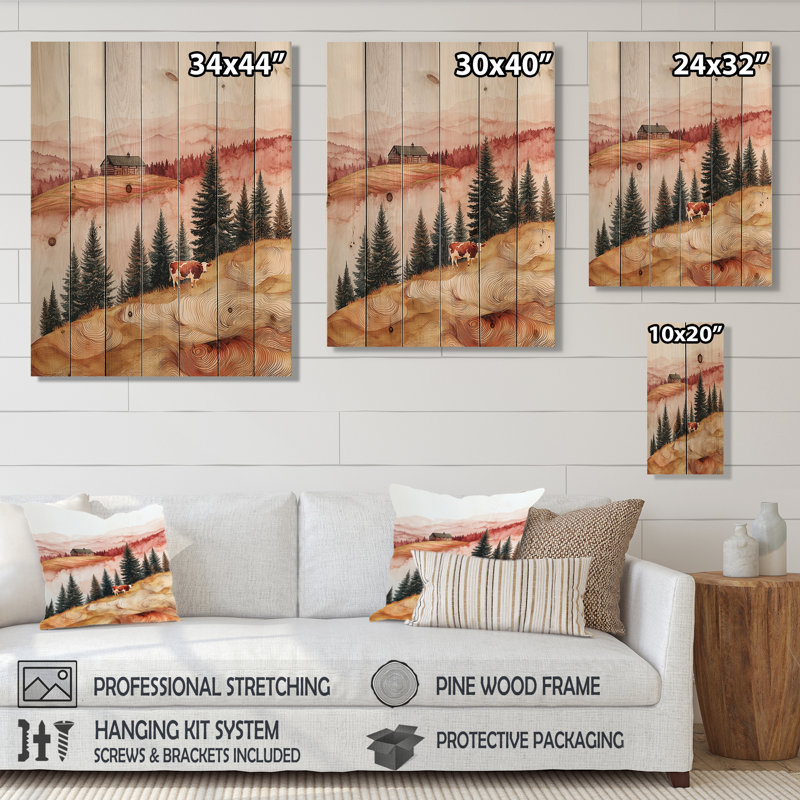 Autumn Barn With Cow Field Landscape II - Cow Animal Wood Wall Art - On Natural Pine Wood, 20" H x 10" W x 0.78" D