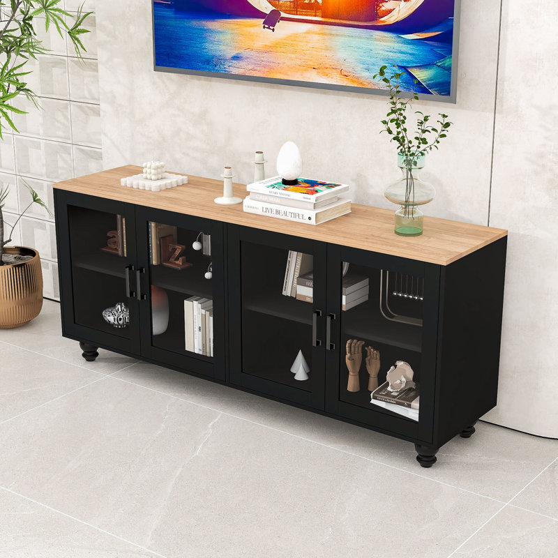 Meuble télé Chic avec portes réglables, pieds en forme de gourde et poignées rétro, Noir