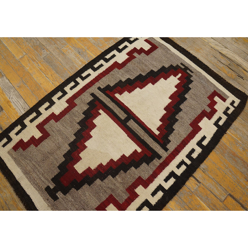 Antique Bold Tribal Pattern Native American Gray Flatwoven Navajo Rug