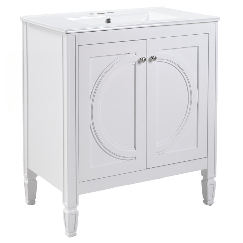 Meuble-lavabo blanc 30 po sans assemblage avec lavabo en céramique, portes à fermeture en douceur et tablette ajustable pour un décor de maison de campagne moderne