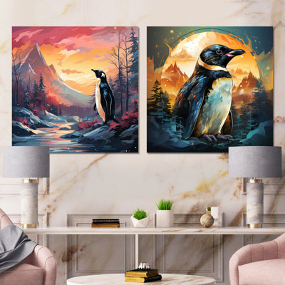 Coucher de soleil pingouin sur glace charme I - pingouin, art mural en métal carré, ensemble de 2