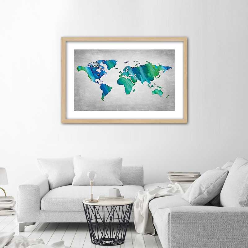World Map. Colourful Desk 1 Piece Single Picture Frame Wall Art, 20cm H x 30cm W, Light Brown