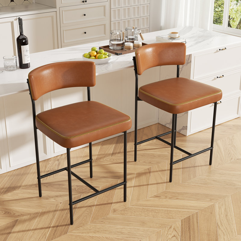 Modern Metal Frame Upholstered Faux Leather Dining Chair With Comfort Backrest, Caramel