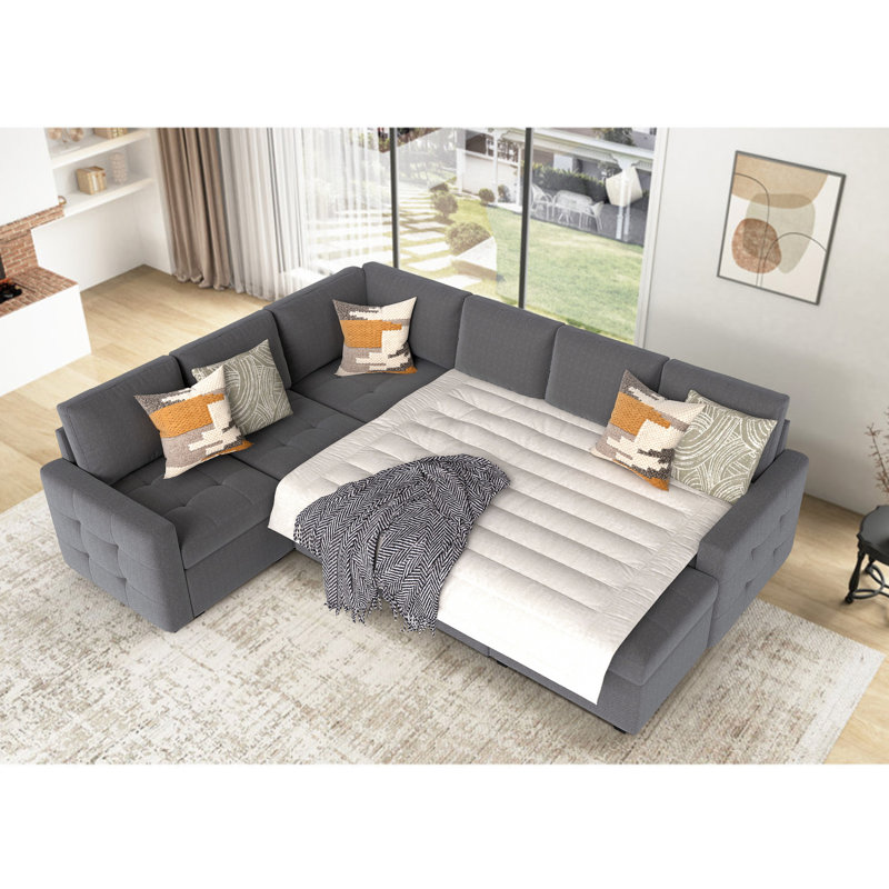 7-Piece U-Shaped Sectional Sofa Bed Pull Out Sleeper Couch With Storage Ottoman, Gray