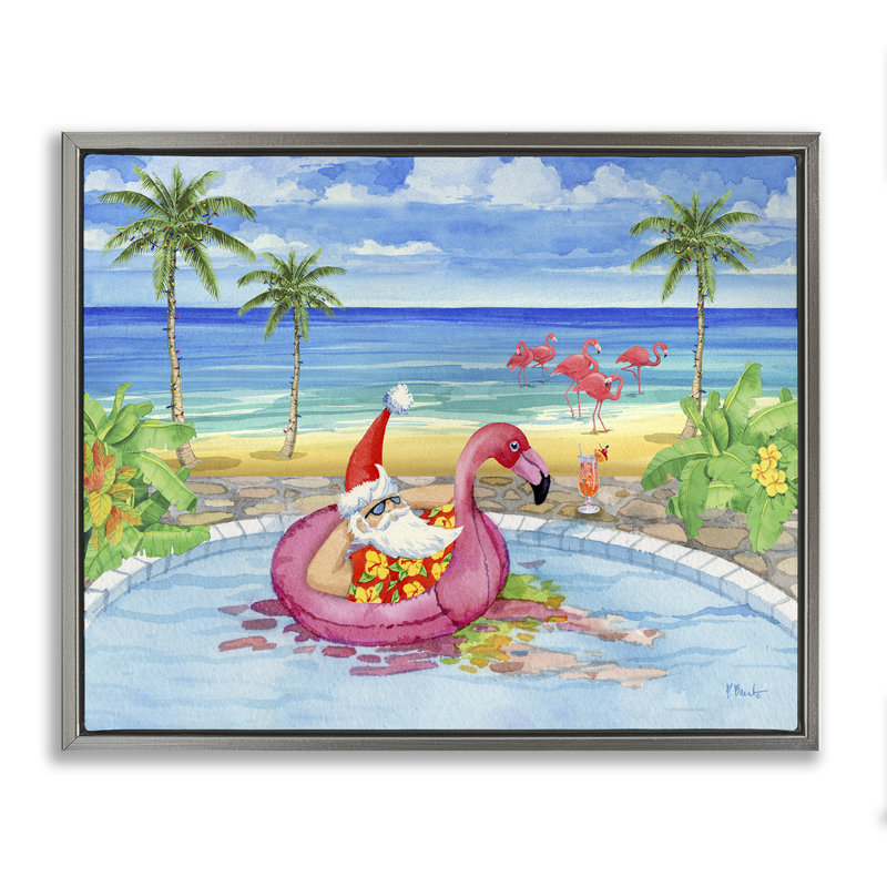 «Santa with Pool Float» par Paul Brent, H 17 po x l 21 po, Cadre flottant gris lustré