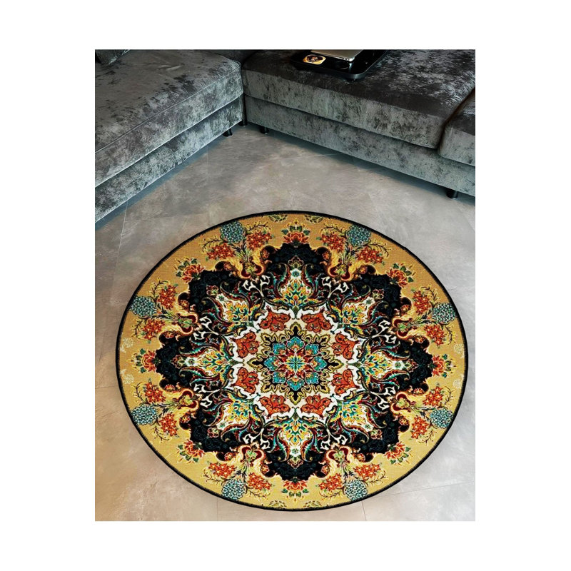 Tapis rond rond jaune détaillé à motif tissé antique lavable à la machine, Sous-tapis rond 3 pi 3 po inclus