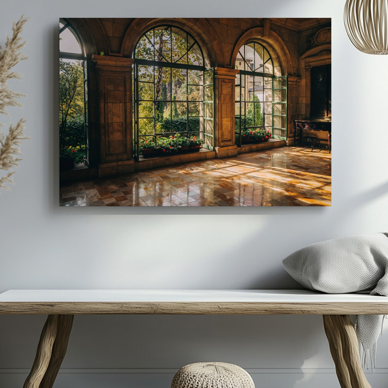 Toile, une grande fenêtre arquée encadrée par un travail de pierre orné révélant un art mural sur toile de jardin luxuriant