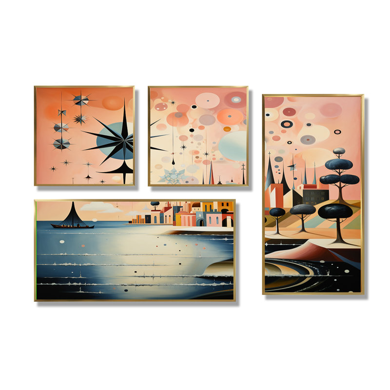 «Vintage City In Retro Pastel Palette» - Art mural moderne 4 pièces, Toile tendue, Ne s’applique pas