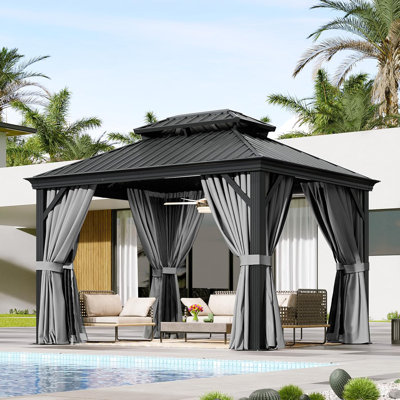 Pavillon de jardin à toit rigide 10 pi x 12 pi avec système de drainage, pavillon de jardin extérieur en aluminium avec double toit en acier galvanisé