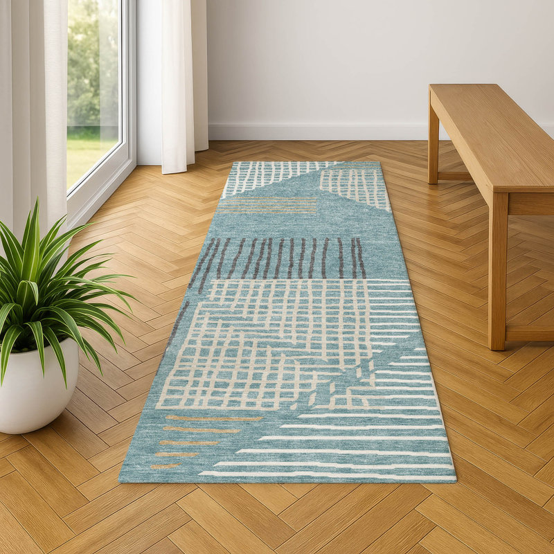 Premium Machine Washable Mayfield AMF2270 Striped Rug, 2'3" x 7'6" Runner, Teal