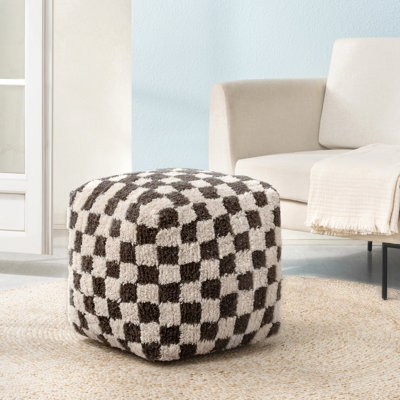 Marta 20" Brown Checkered Upholstered Pouf Ottoman