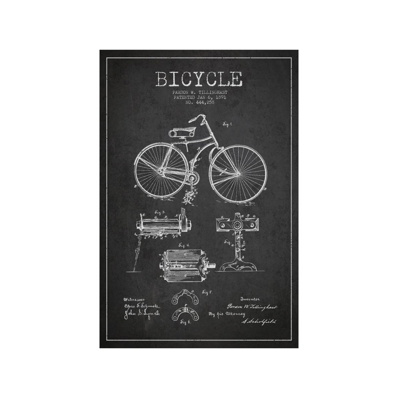 Bike Charcoal Patent by Aged Pixel - Print on Canvas, 66.04 cm H x 45.72 cm W x 1.91 cm D, No Frame