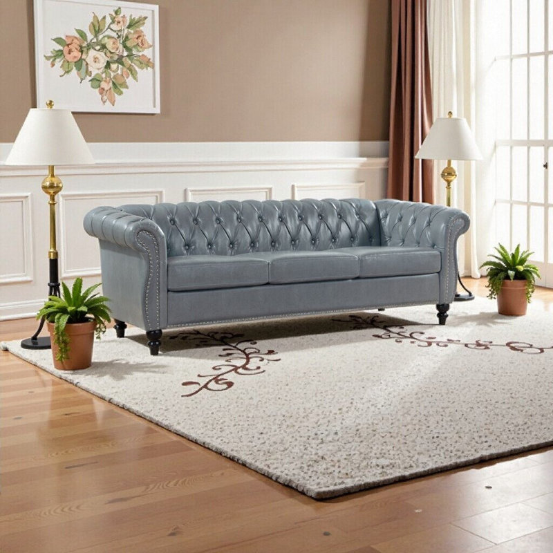 Elegant 84.65" Black PU Rolled Arm Chesterfield Three-Seater Sofa – Classic Comfort for Modern Homes, Grey