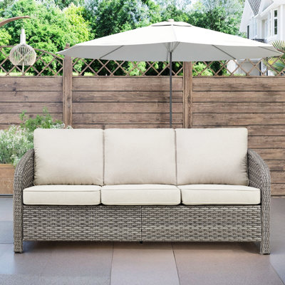 Canapé d'extérieur 3 places 73,6 po avec coussins profonds beiges, structure en acier tissé à la main résistant aux intempéries et thermolaqué, housses de coussins en tissu, coussins hauts, confort ergonomique, extérieur, housses