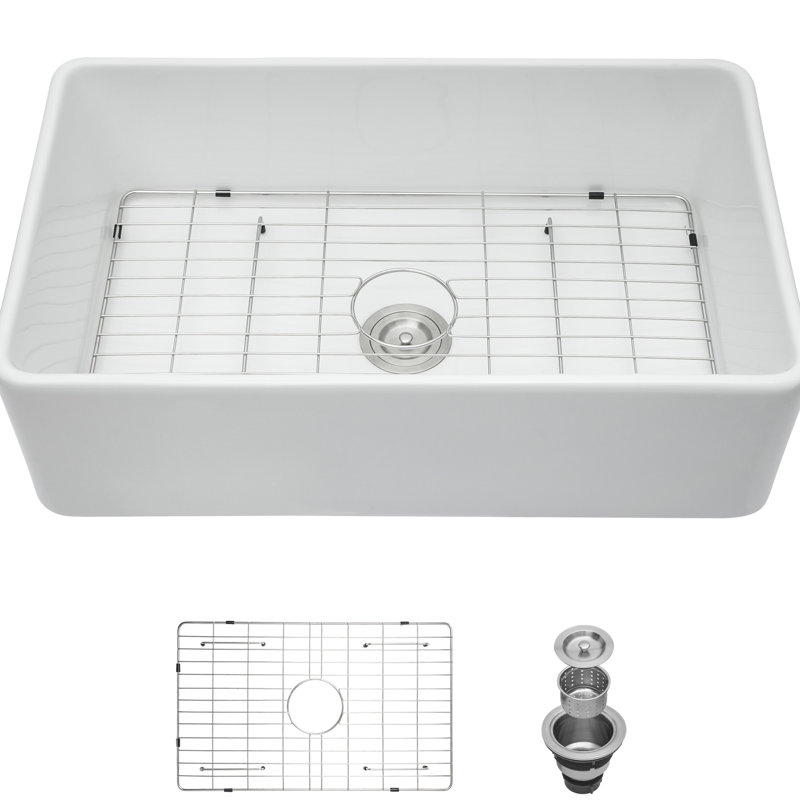 Évier de cuisine en céramique blanc à cuve simple à tablier frontal de 30 pouces avec finition profonde et facile à nettoyer avec grille-grattoir à fond plat, grille de lavage simple
