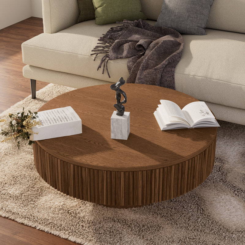 Table basse ronde 35 po fabriquée à la main en bois massif, Brun, H 13,78 po x L 35,04 po x l 35,04 po