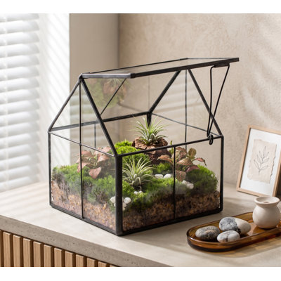 Mini 4.25 x 4.25 x 4.92 Inch Black House-Shape Glass Terrarium with Lid, Geometric Succulent Planter Box, Handmade Home Garden Office Decor (Terrarium Only)