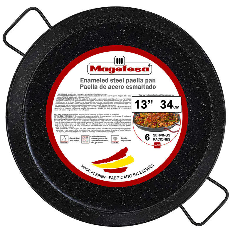 Poêle à paella en acier émaillé de 13,5 pouces de Magefesa - 34 cm - 6 portions, idéale pour cuisiner à l'extérieur et préparer votre propre paella de Valence traditionnelle, facile à nettoyer