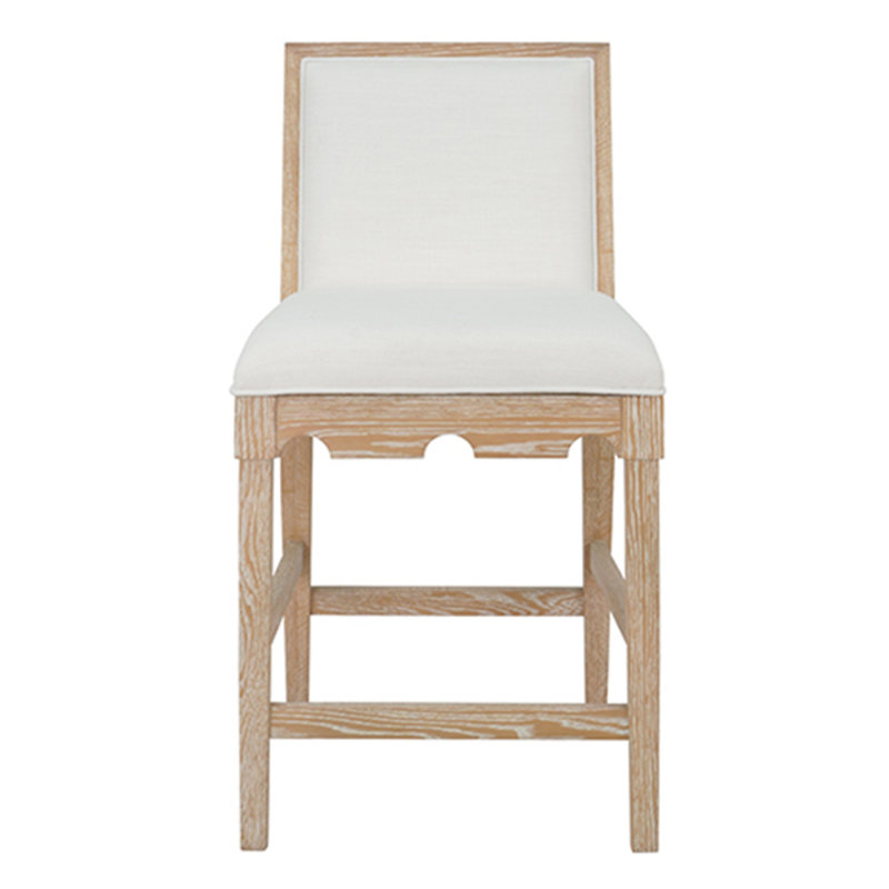 Square Back Counter Stool with Decorative Apron with Performance White Linen Upholstery, Natural