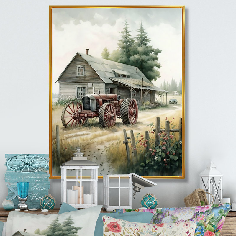 «Tractor at the Barn in Summer II», peinture sur toile, H 32 po x l 16 po x P 1 po, Toile avec cadre flottant or