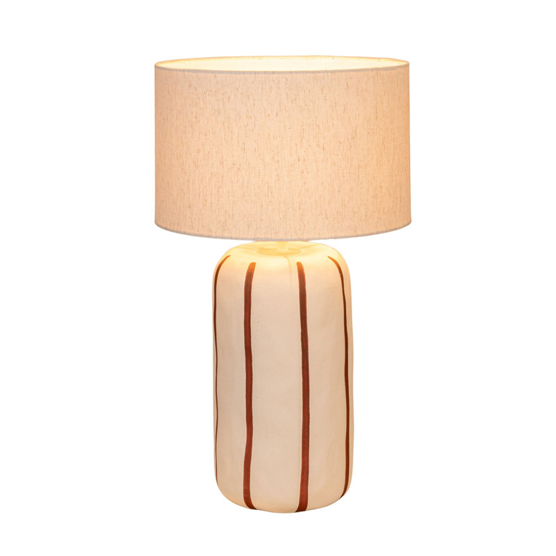 Stoneware Table Lamp with Hand-Painted Stripes and Linen Shade