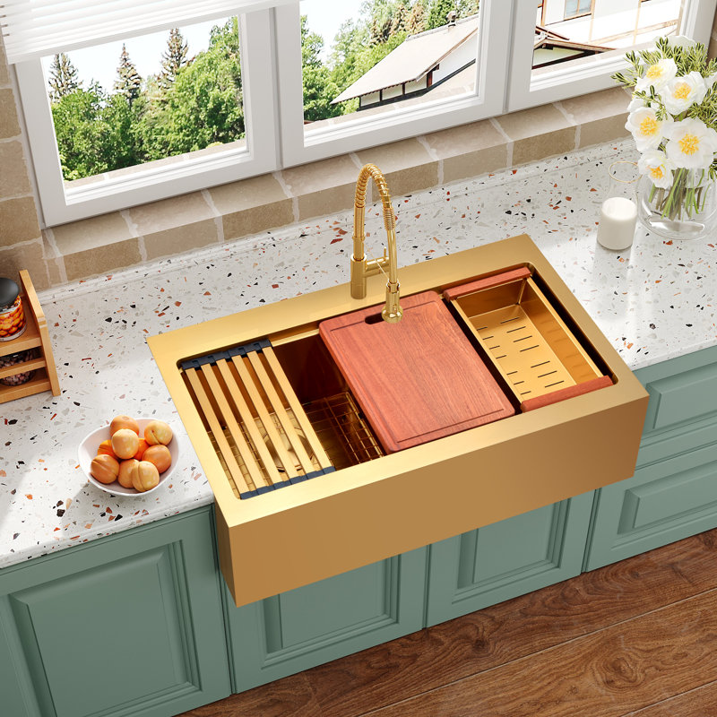 Évier de cuisine en acier inoxydable à double cuve 50/50 L 36 po x l 22 po avec accessoires, Doré