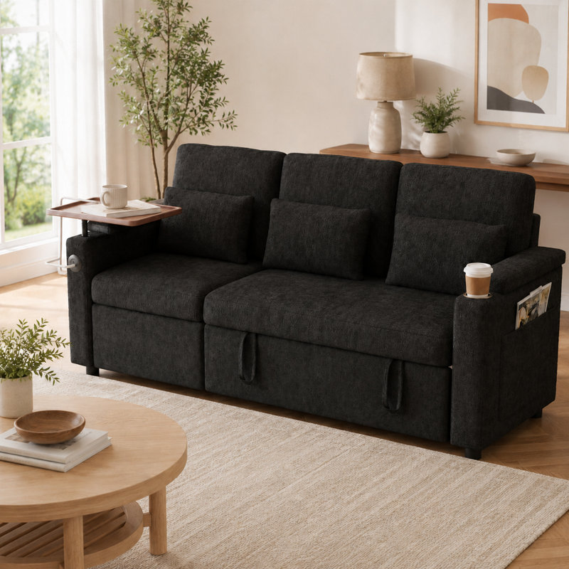 Canapé-lit convertible de 83 po avec canapé-lit, port USB et table d'appoint, Black
