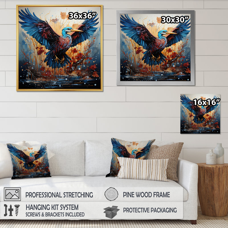 Bjartey Heron Majestic Wings Pointillism - reproduction, H 16 po x l 16 po x P 1 po, Cadre flottant doré