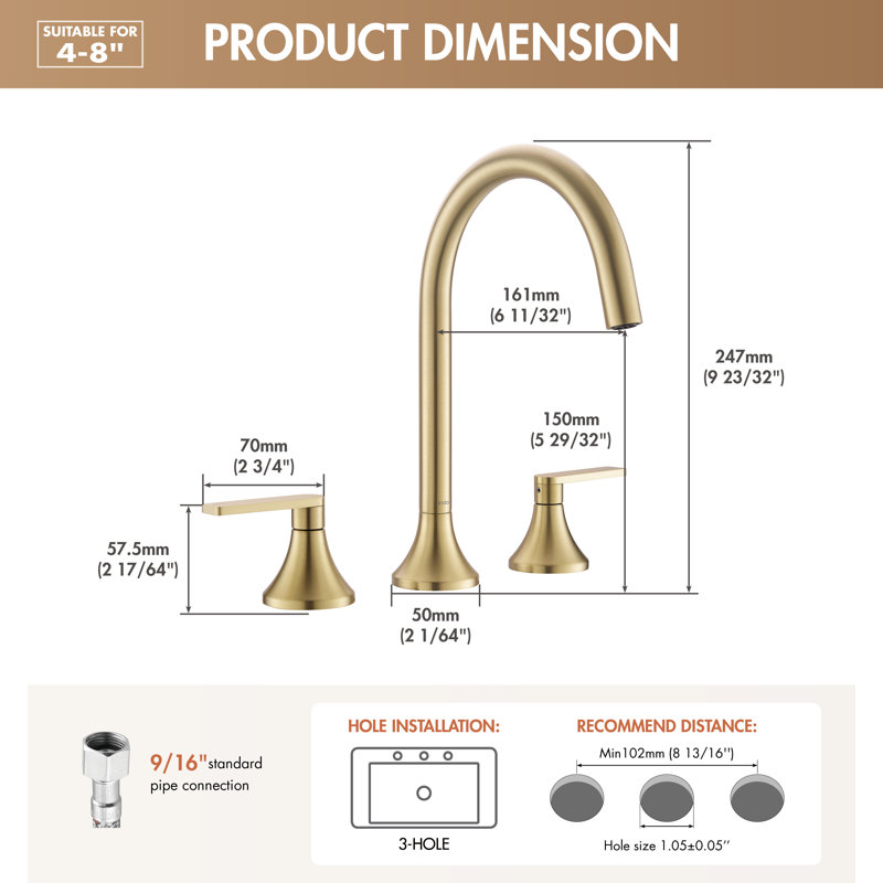 4 Inch 8Inch Widespread Bathroom Faucets? Bathroom Faucet?360° Swivel Spout Two Handles Bathroom Faucets For Sink 3 Holes With Pop-Up Drain And Water Supply Lines