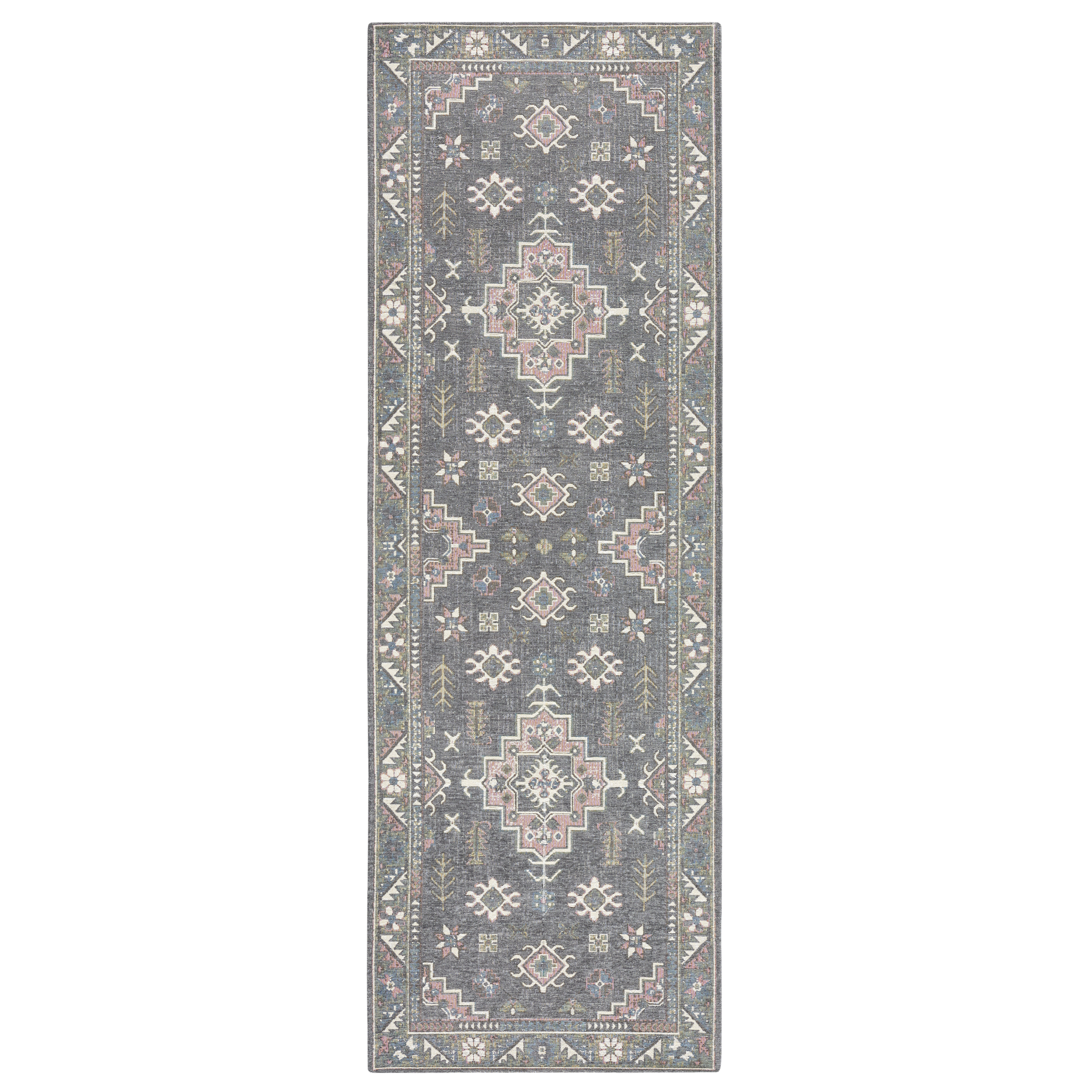 Town & Country Living Everyday Walker Damask Medallion Grey 24 in. x 72 in. Machine Washable Runner Kitchen Mat