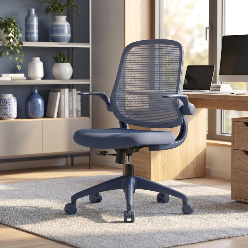Chaise de travail ergonomique en filet avec accoudoirs rabattables et support lombaire pour petits espaces, Bleu cendré