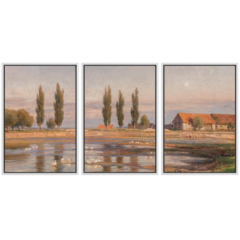 «Twilight Riviera Sunset Over Waterfront Nature Wilderness Illustration Decor Panoramic Earth» 3 - Pièces sur, Cadre blanc