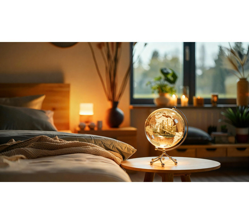 Ornement de bureau moderne sphérique transparent illuminé avec voilier - l 7,9 po x H 11,8 po sur base métallique