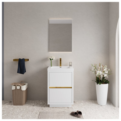 Meuble-lavabo autoportant de 61 cm (24 po) avec comptoir en résine de pierre et tiroirs à fermeture amortie, blanc lustré