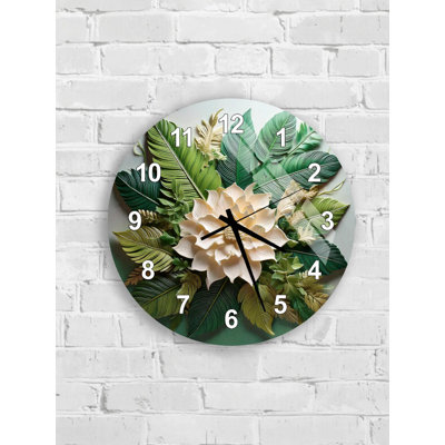 Horloge murale en verre trempé floral vert tropical, décoration murale botanique, horloge d'art moderne, grande horloge murale pour la maison, horloge silencieuse