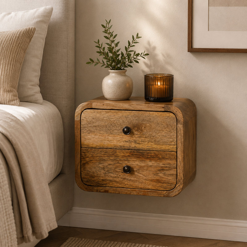 Dentelle 30cm W Solid Wood Bedside Table, Oak