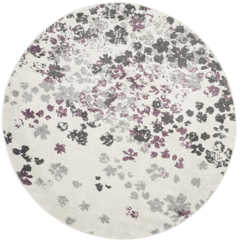Makeba Floral Ivory/Gray/Purple Area Rug, Round 4'