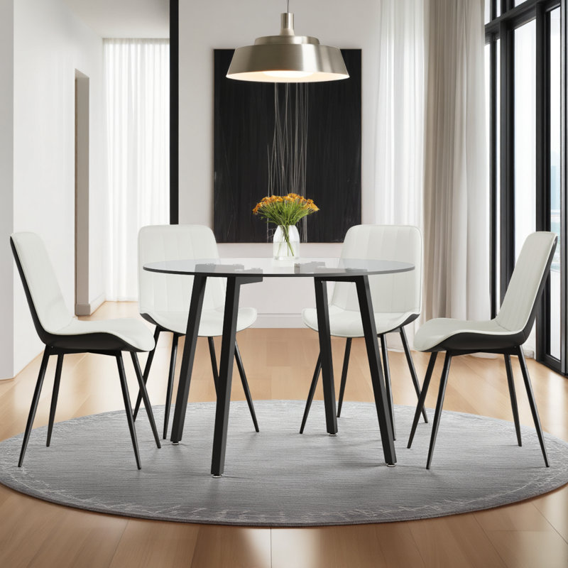 Ensemble de table de salle à manger de 42 po en verre trempé transparent avec 4 chaises en polyuréthane, Noir / blanc
