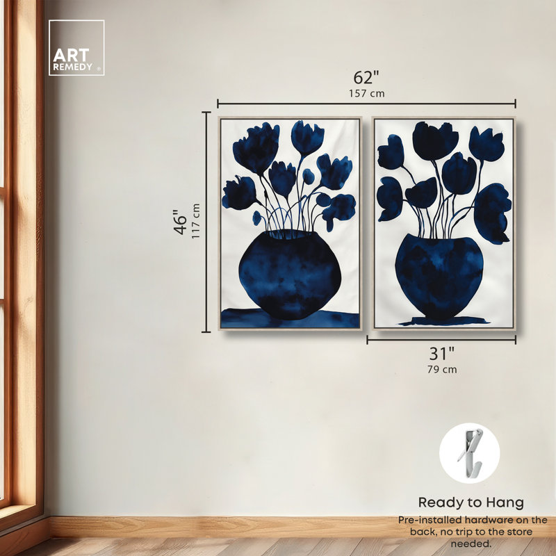 "Deep Indigo", ensemble de décorations murales sur toile encadrées par Art Remedy, cadre en chêne naturel, 30 x 45