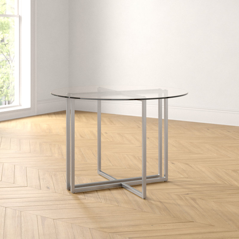 Wadley Glass Top Metal Base Dining Table, Brushed Stainless Steel, 42" L x 42" W
