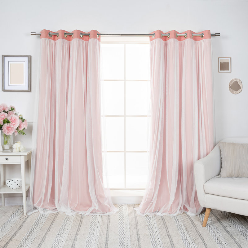 Fortuna Brockham Solid Tulle Overlay Room Darkening Grommet Curtain Panels, Coral, 52" W x 96" L