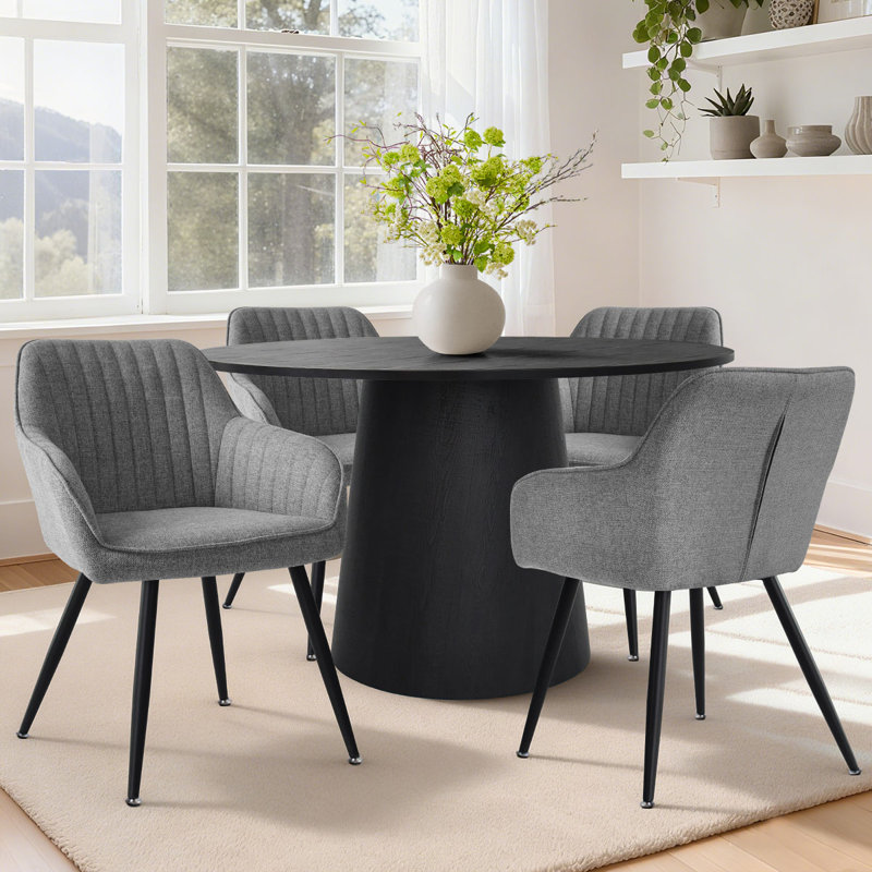5-Piece Modern Round Dining Set With Black Pedestal Table And Upholstered Armchairs, Gray