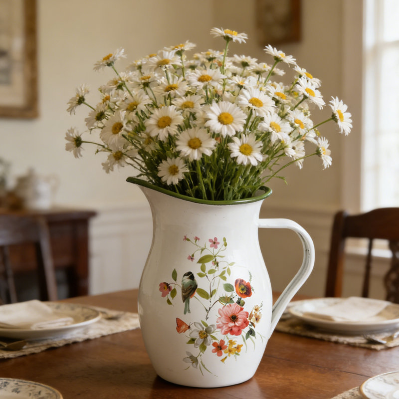 Vase à fleurs de style campagnard pour pichet en émail blanc