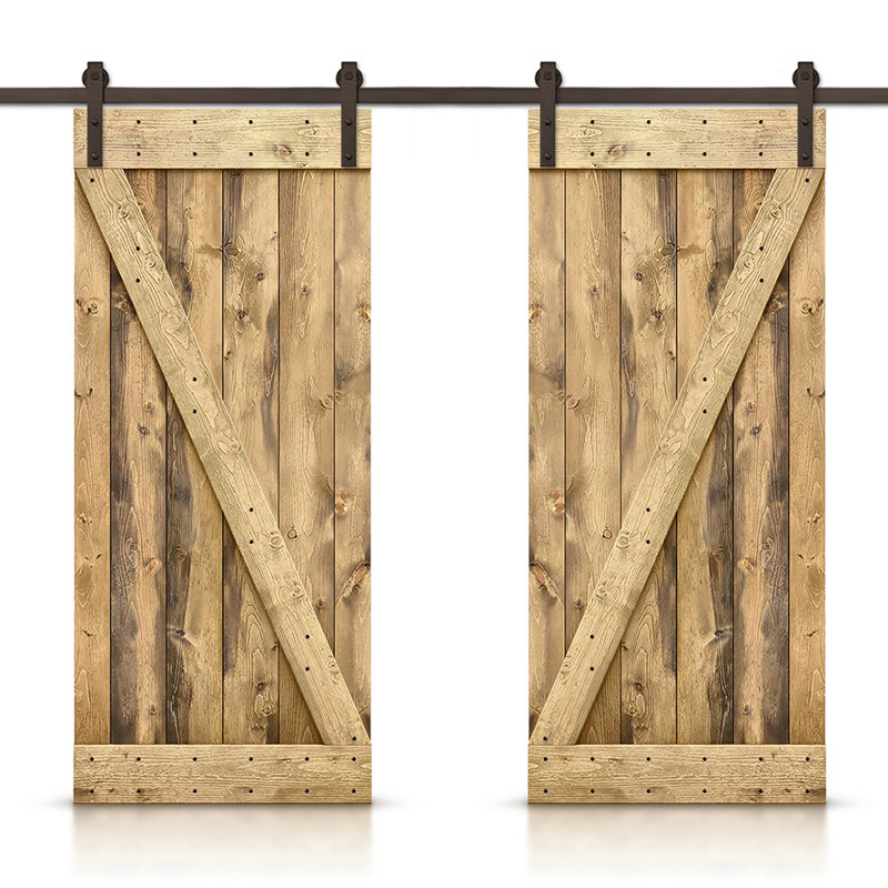 Porte de grange en bois massif lambrissé et métal, 64 po x 84 po, Chêne vieilli