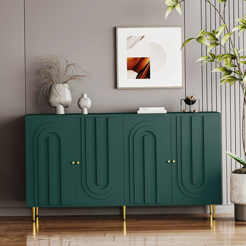 Modern Lacquered 4 Door Wooden Cabinet Sideboard Buffet Server Cabinet Storage Cabinet, Green