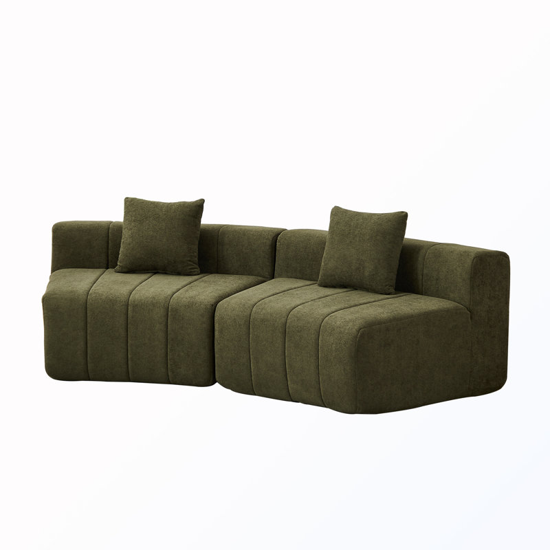 Curved Sectional Sofa With 2 Pillows, Green Chenille